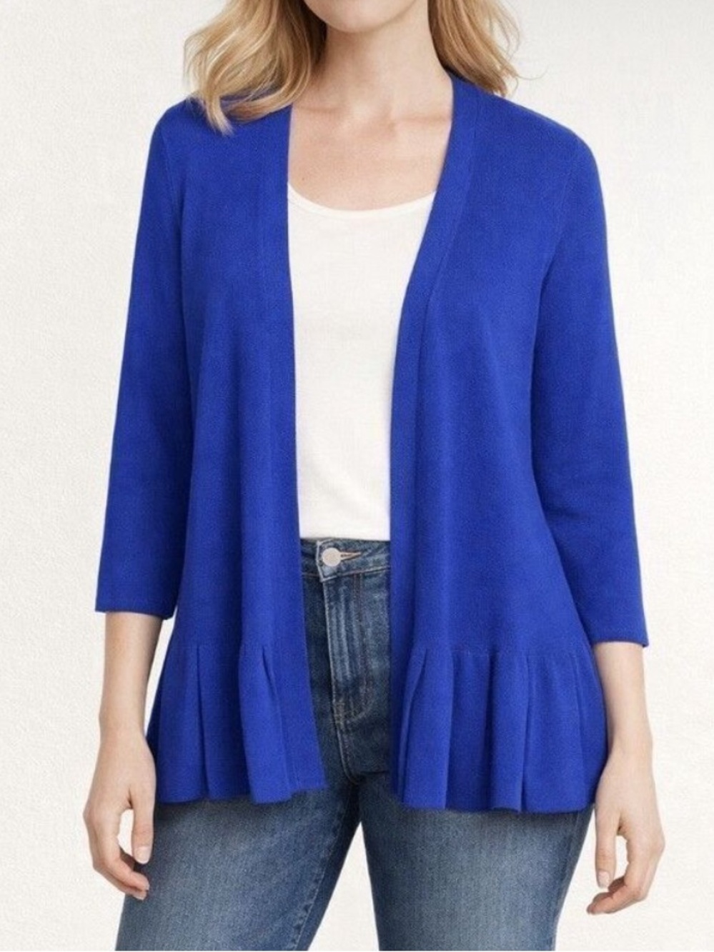 Talbots Blue Pleated Ruffle Peplum Hem Open Front Sweater Cardigan
